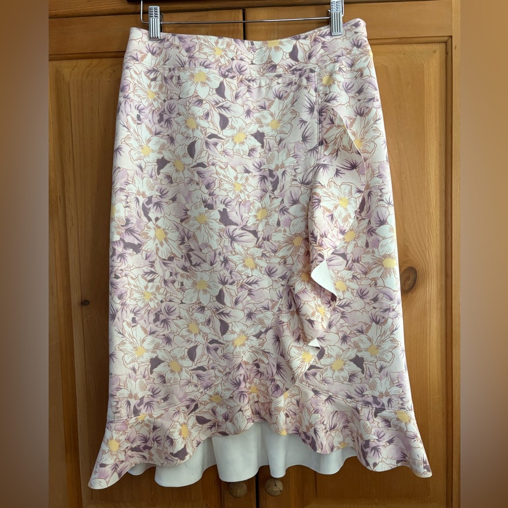Anthropologie Skye Floral Faux Suede Ruffle Midi Faux Wrap Skirt US 8